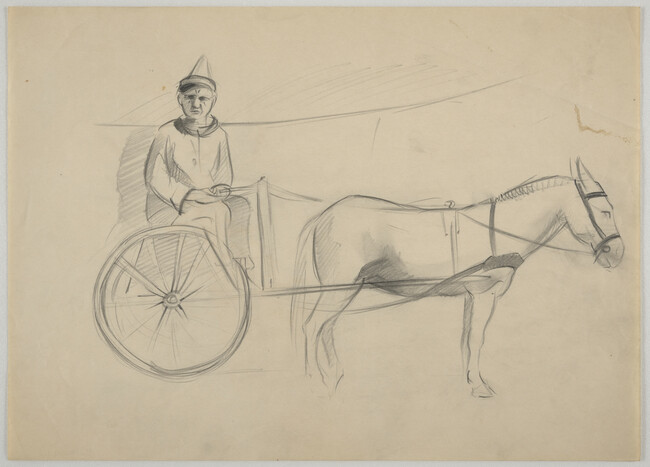 Sketch of horse pulling cart with clown