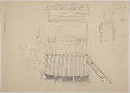 Sketch of elevated colored platform with striped skirt, possibly for circus performance and sketch of...