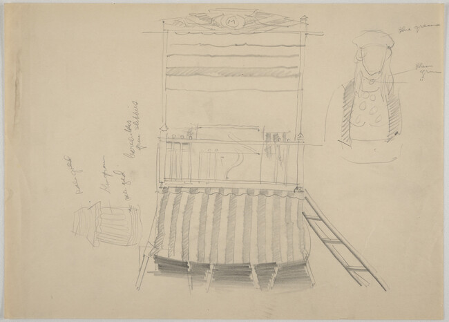 Sketch of elevated colored platform with striped skirt, possibly for circus performance and sketch of circus performer