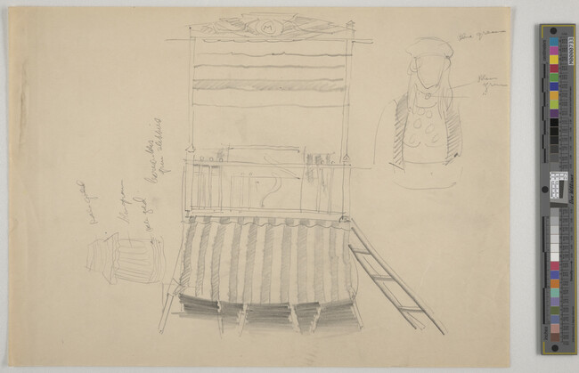 Alternate image #1 of Sketch of elevated colored platform with striped skirt, possibly for circus performance and sketch of circus performer