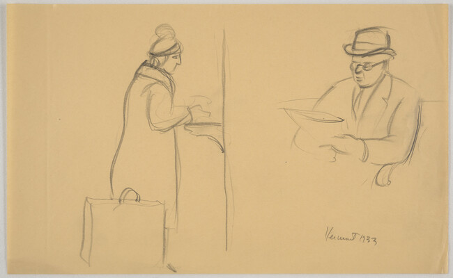 Sketch of a woman at a counter and a man reading newspaper