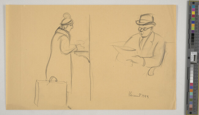 Alternate image #1 of Sketch of a woman at a counter and a man reading newspaper