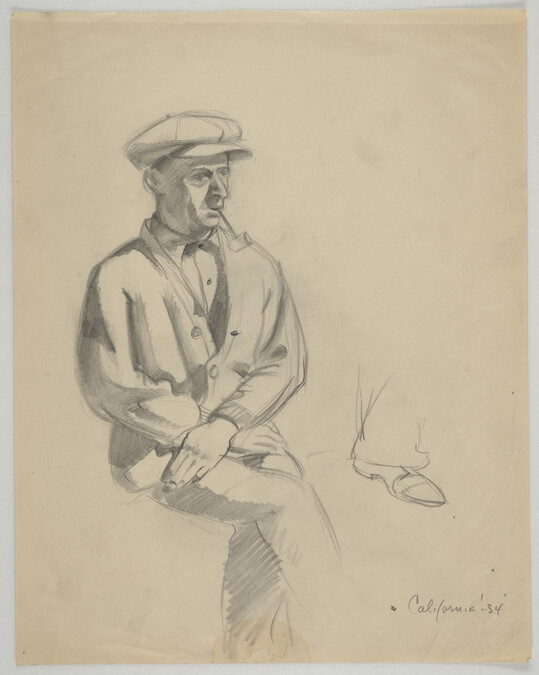 Seated man in hat smoking pipe; also sketch of foot