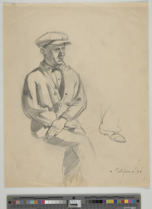 Alternate image #1 of Seated man in hat smoking pipe; also sketch of foot
