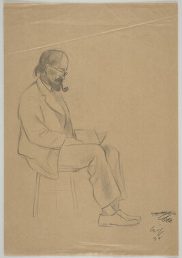 Seated man in profile reading and smoking pipe