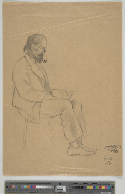 Alternate image #1 of Seated man in profile reading and smoking pipe