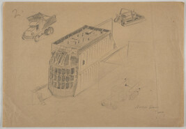 Sketch of part of Norris Dam and three trucks [for Norris Dam, 1935]