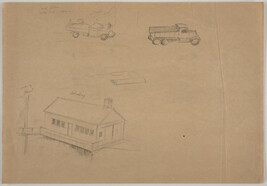 Sketch of building and two trucks [for Norris Dam, 1935]