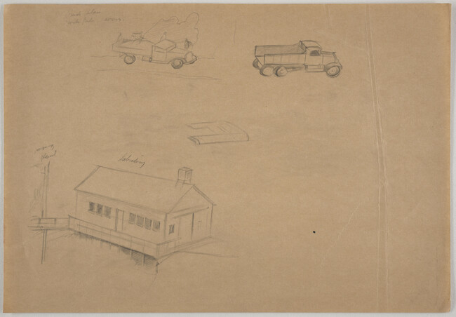 Sketch of building and two trucks [for Norris Dam, 1935]