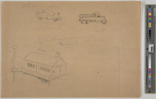 Alternate image #1 of Sketch of building and two trucks [for Norris Dam, 1935]