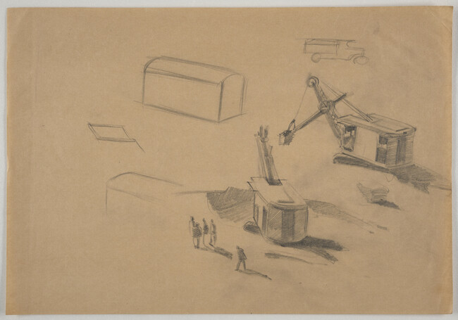 Sketch of two cranes and a truck [for Norris Dam, 1935]