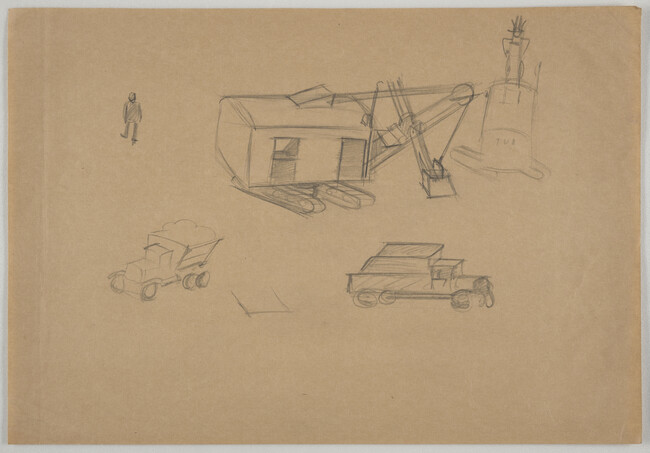 Sketch of two cranes and two trucks [for Norris Dam, 1935]