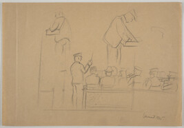 Study for Band Concert (1934-5) [sketch of two popcorn vendors and conductor with band]
