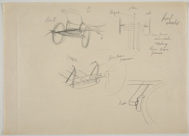 Four sketches of carriage parts with identifying notations [study for Beaver Meadow, 1938]