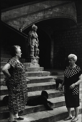 Two Women and Their Dogs on Stairs, Spain