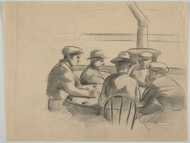 Five men in hats at table with stove [playing poker?]