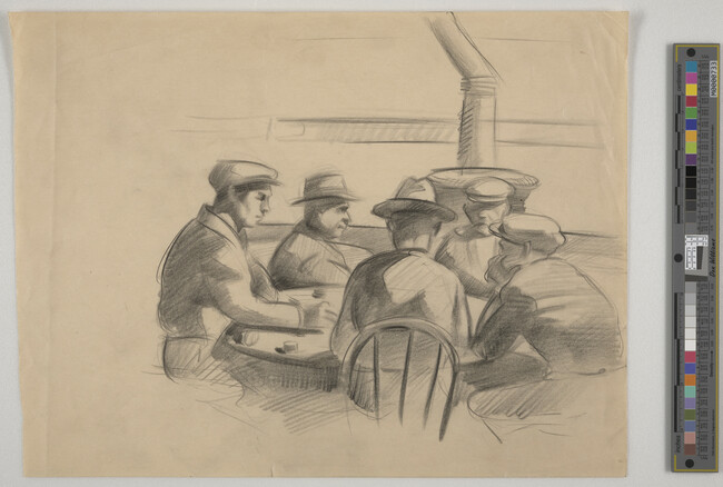 Alternate image #1 of Five men in hats at table with stove [playing poker?]