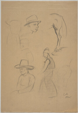 Various sketches: two of African - American male heads, two of horses, and two other figures