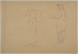 Sketch of three figures: one woman smoking cigarette and two men standing together, seen from behind