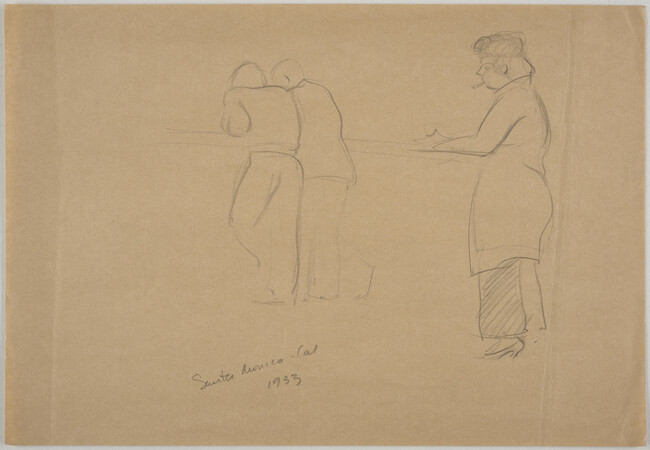 Sketch of three figures: one woman smoking cigarette and two men standing together, seen from behind
