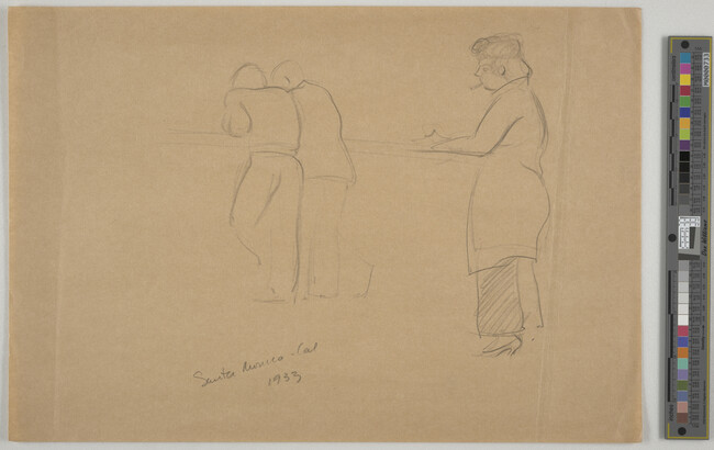 Alternate image #1 of Sketch of three figures: one woman smoking cigarette and two men standing together, seen from behind