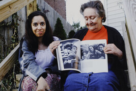 Vikki and her Mom Looking at Living With The Enemy Book, Pittsburgh