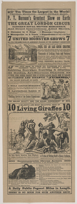 Circus Handbill for P.T. Barnum and London. Seven United Monster Shows