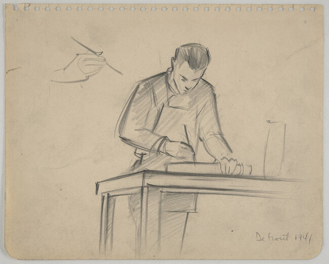Sketch of Male Worker painting Artillery Shell at Table and Sketch of Hand Holding Brush.