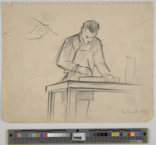 Alternate image #1 of Sketch of Male Worker painting Artillery Shell at Table and Sketch of Hand Holding Brush.