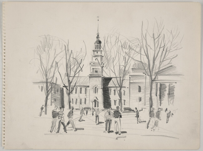 Sketch of Dartmouth College Students Crossing Campus in front of Baker Library