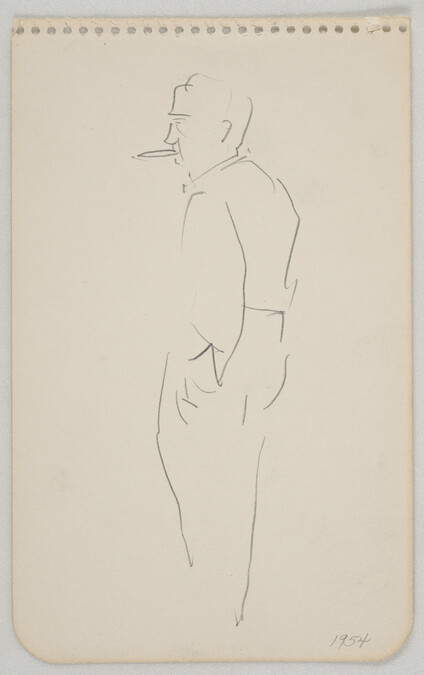 Sketch of man standing in profile, smoking cigar