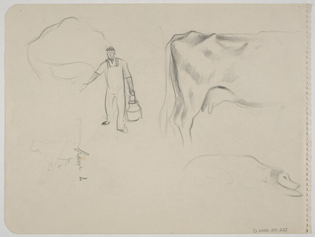 Sketch of Man Holding a Bucket and incomplete sketches of a haypile, a cat, a dog lying down and a cow's behind