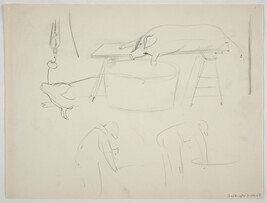 Two sketches of man bending over tub, one sketch of pig head hanging from meat hook, and sketch of dead...