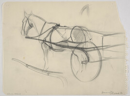 Sketch of horse harnessed to wagon, sketch of harness, sketch of wheel.