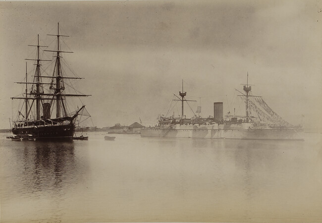 HMS Champion and Japanese cruiser Naniwa in Honolulu Harbor. Honolulu, O'ahu, Hawaii, from a Travel Photograph Album (Views of Hawaii and Japan)