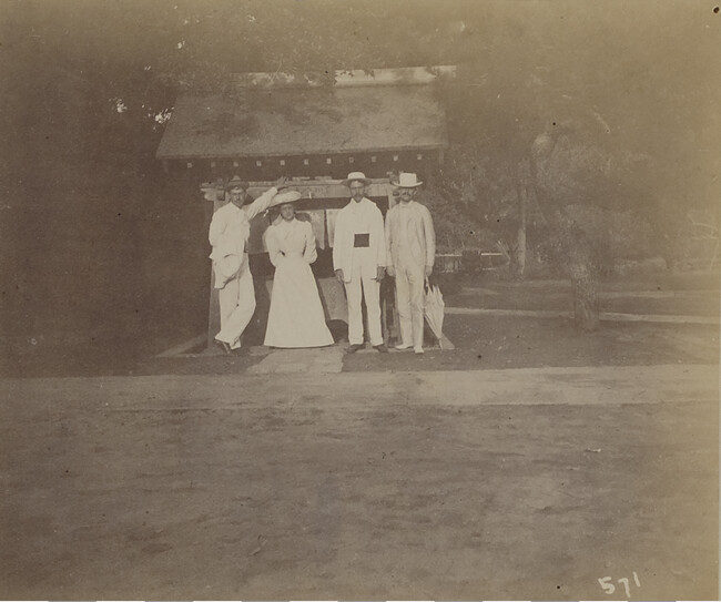 Three men and a woman in front of Hase-dera. Kamakura, Kanagawa Prefecture, Japan, from a Travel Photograph Album (Views of Hawaii and Japan)