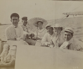 Four men and two women on a boat. Japan, from a Travel Photograph Album (Views of Hawaii and Japan)