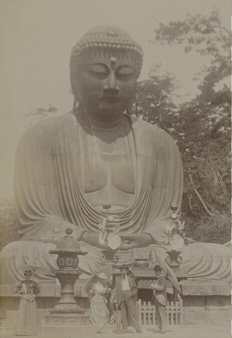 Two men and two women in front of the Daibutsu (Great Buddha) of Kōtoku-in. Kamakura, Kanagawa Prefecture, Japan, from a Travel Photograph Album (Views of Hawaii and Japan)
