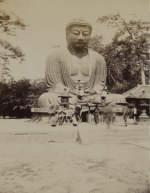 Two men, two women, and Japanese individuals in front of the Daibutsu (Great Buddha) of Kōtoku-in. Kamakura, Kanagawa Prefecture, Japan, from a Travel Photograph Album (Views of Hawaii and Japan)