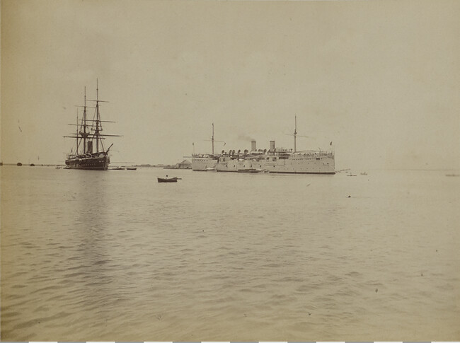 USS Philadelphia and HMS Champion in Honolulu Harbor. Honolulu, O'ahu, Hawaii, from a Travel Photograph Album (Views of Hawaii and Japan)