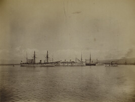 Japense warship Kongō, USS Philadelphia, and HMS Champion in Honolulu Harbor. Honolulu, O'ahu, Hawaii,...