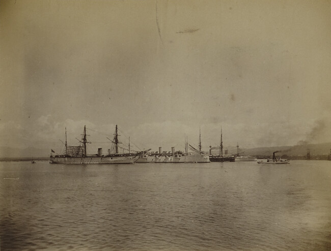 Japense warship Kongō, USS Philadelphia, and HMS Champion in Honolulu Harbor. Honolulu, O'ahu, Hawaii, from a Travel Photograph Album (Views of Hawaii and Japan)