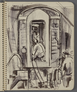 Page 1 (Men working on a Train Car in the G.M. Diesel Plant, La Grange, Illinois), from a Sketchbook for...