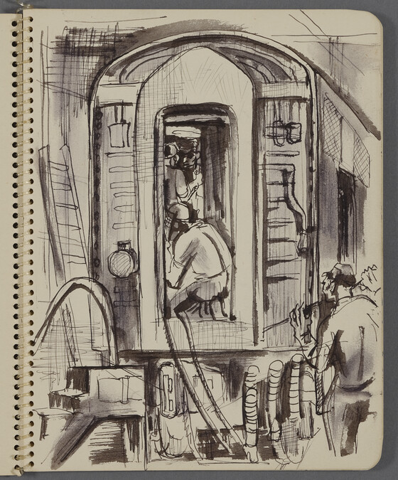 Page 1 (Men working on a Train Car in the G.M. Diesel Plant, La Grange, Illinois), from a Sketchbook for an Unrealized Mural Project 
