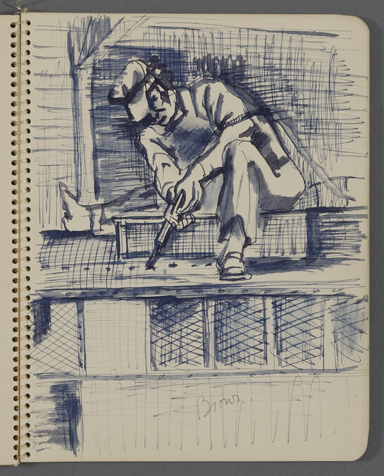 Page 2 (Man tighening rivets on the roof of a train car, G.M. Diesel Plant, La Grange, Illinois), from a Sketchbook for an Unrealized Mural Project 