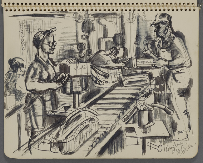 Page 3 (Assembly line, G.M. Diesel Plant, La Grange, Illinois), from a Sketchbook for an Unrealized Mural Project 