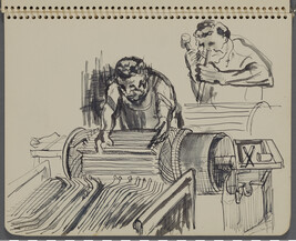 Page 6 (Two figures working on machines, G.M. Diesel Plant, La Grange, Illinois), from a Sketchbook for...
