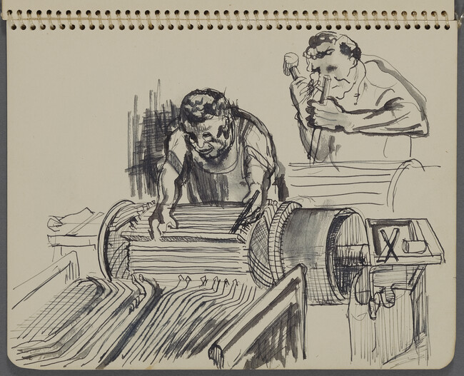 Page 6 (Two figures working on machines, G.M. Diesel Plant, La Grange, Illinois), from a Sketchbook for an Unrealized Mural Project 
