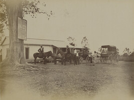 Men, horses, and carriages at a halfway house. Hawaii (island), Hawaii, from a Travel Photograph Album...