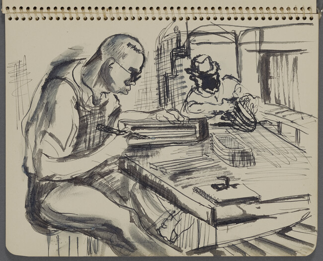 Page 7 (Two men working, G.M. Diesel Plant, La Grange, Illinois), from a Sketchbook for an Unrealized Mural Project 